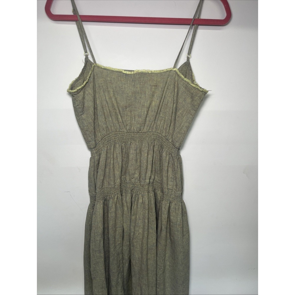 Urban Outfitters Linen Blend Midi Dress Sage Olive Green Smocked Button Front M - Picture 9 of 13